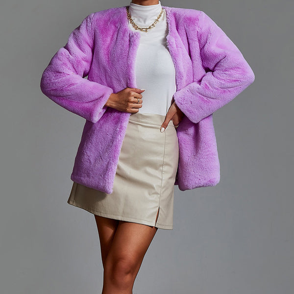Elegant solid long sleeve fur coats