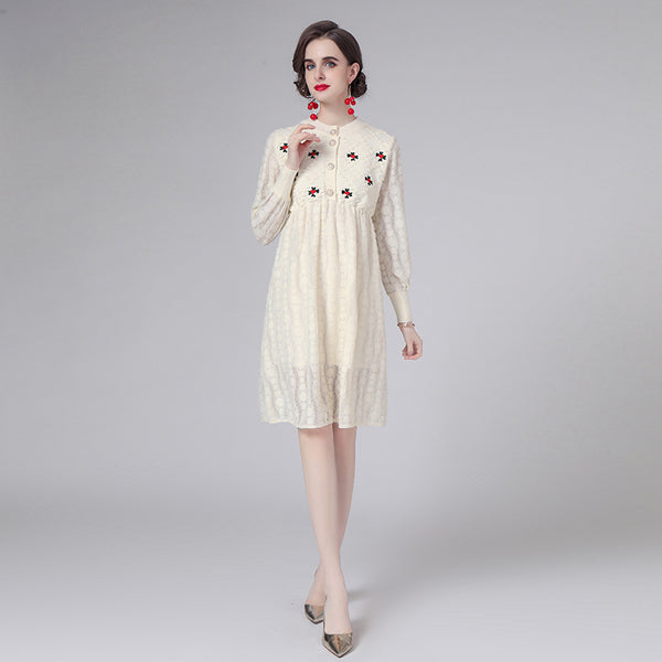 Knitted mock neck openwork embroidered dresses