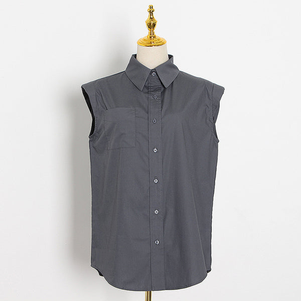 Brief lapel sleeveless pocket blouses