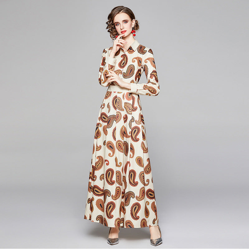 Brief print long sleeve lapel maxi dresses