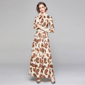 Brief print long sleeve lapel maxi dresses