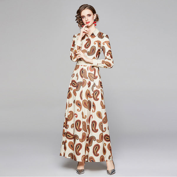 Brief print long sleeve lapel maxi dresses