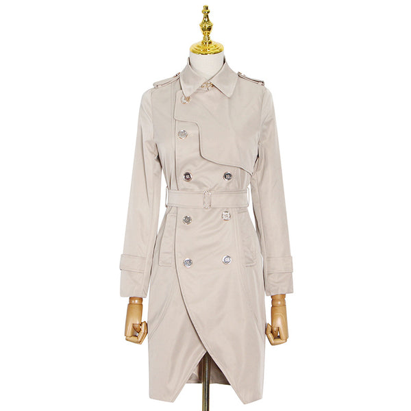 Stylish solid lapel double breasted irregular trench coats