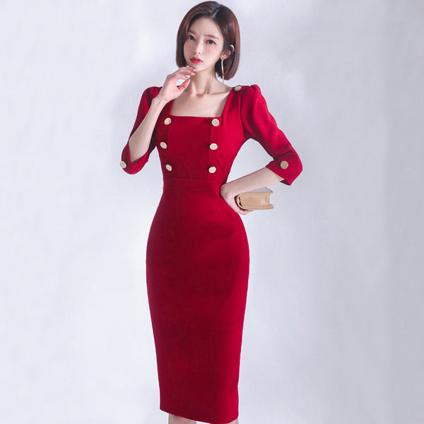 Hot square neck half sleeve double-breasted pencil dresses