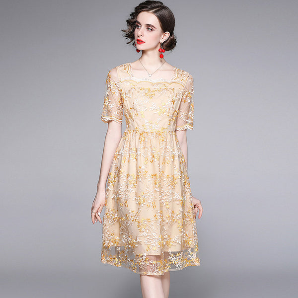 Yellow square neck embroidered lace skater?dresses
