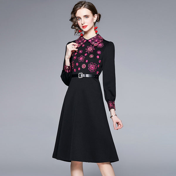 Embroidery lapel long sleeve skater dresses