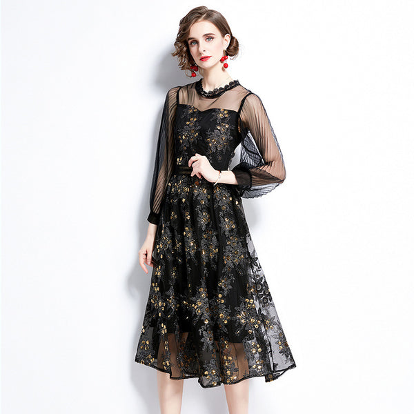 Mesh patchwork black embroidered dresses