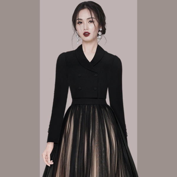 Elegant lapel double breasted blazers and mesh skirts suits