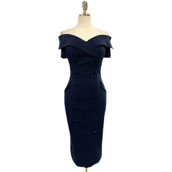 Navy blue off-the-shoulder striped bodycon dresses