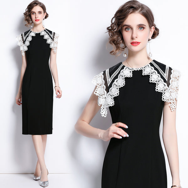 Lace patchwork collar sleeveless sheath dresses