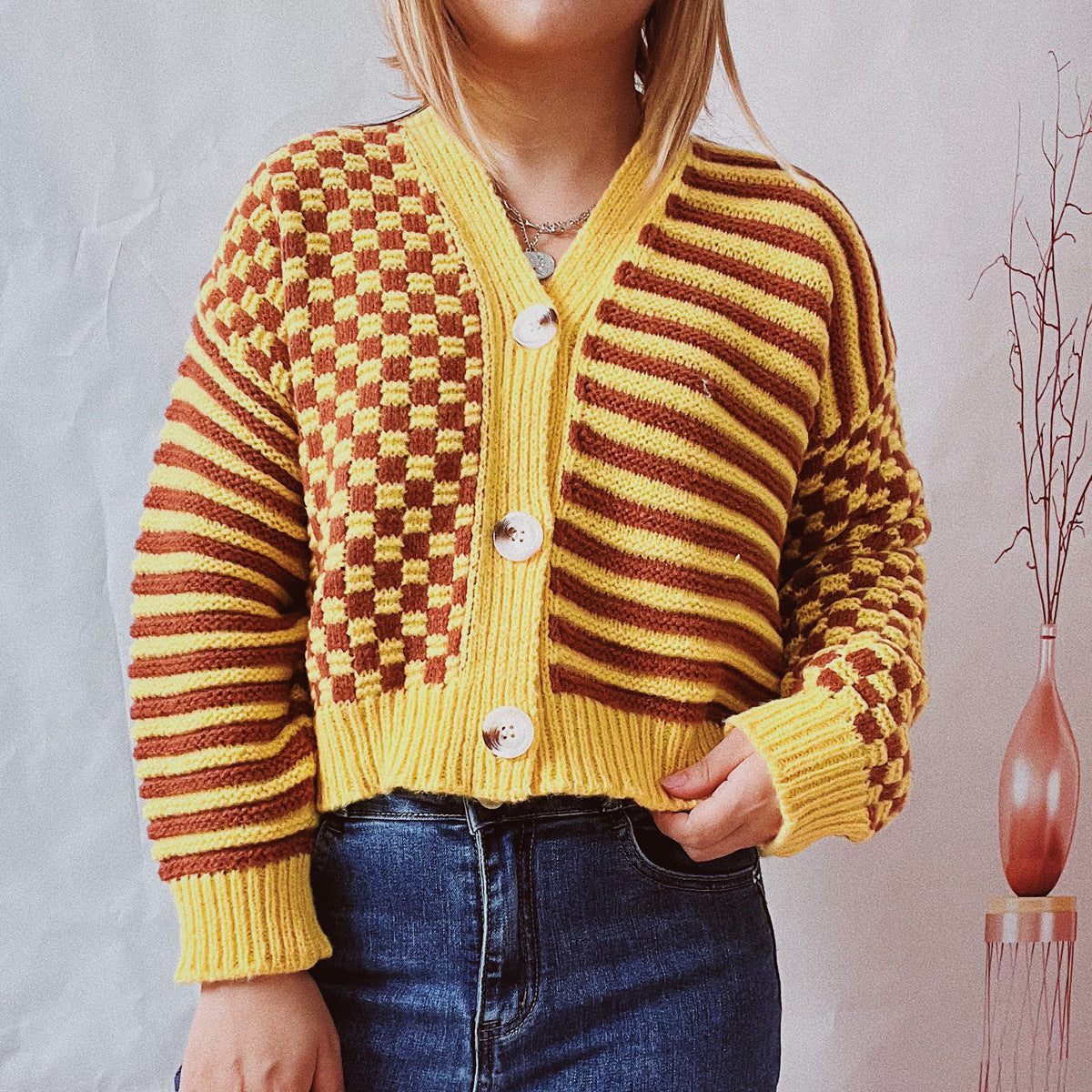 Plaid stripe single breasted knitting cardigans