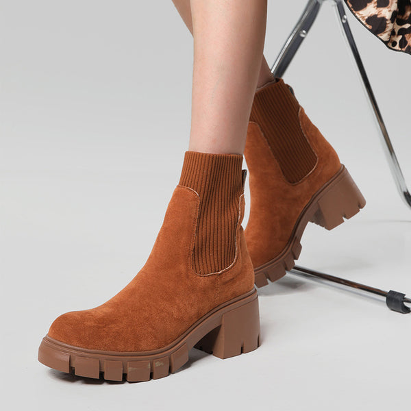British style round toe chunky heels patch boots
