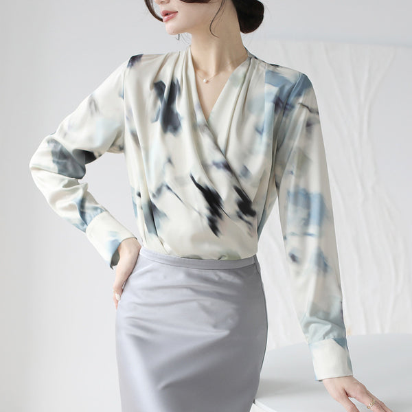 V-neck long sleeve ink painting blouse