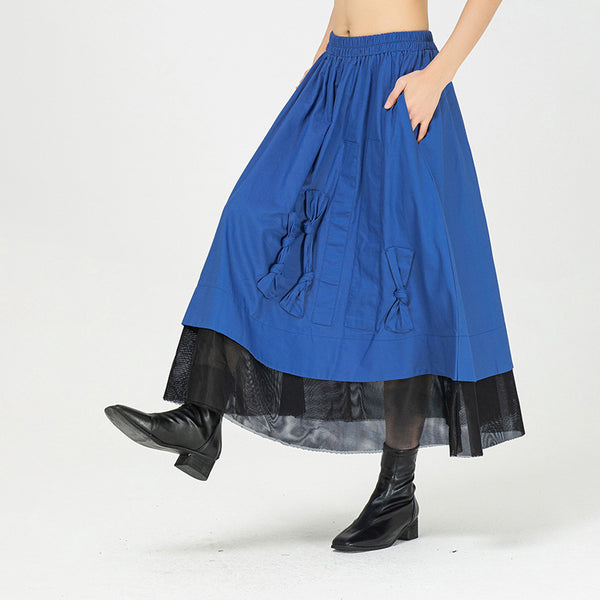 Mesh patch bowknot elastic waist skirts