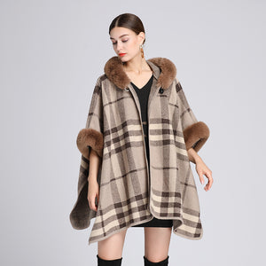Vintage plaid fur collar woolen ponchos coats
