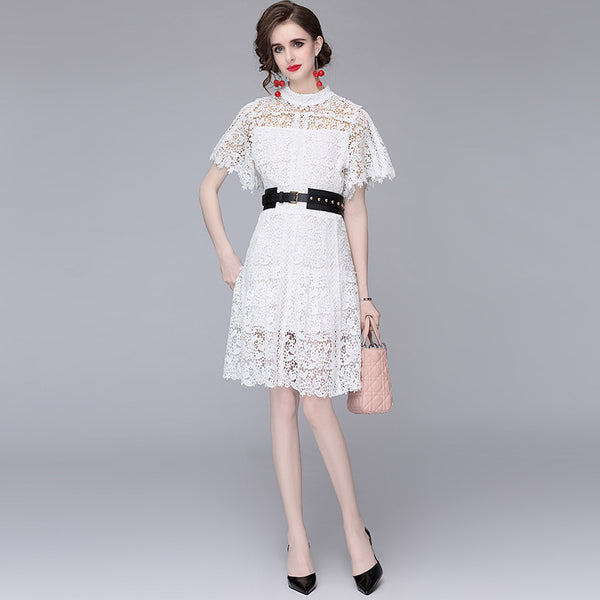 Stylish lace hollow out short sleeve skater dresses