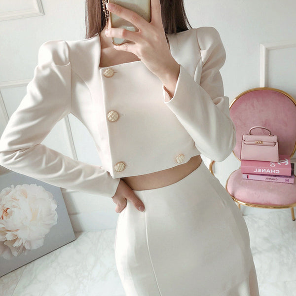 Square neck slim double-breasted long sleeve mermaid skirt suits