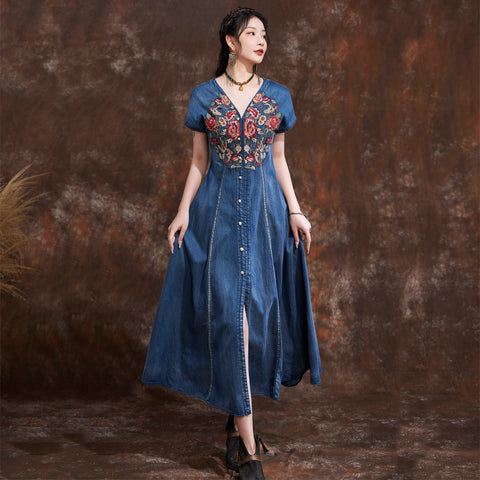 Vintage embroidered short sleeve denim maxi dresses