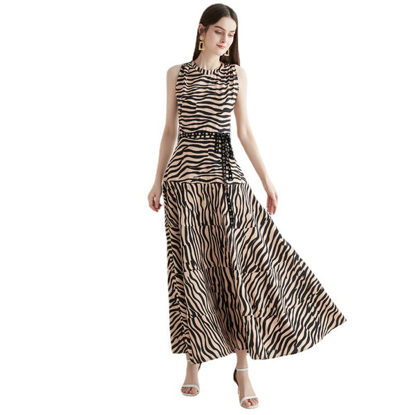Vintage zebra-stripe sleeveless maxi dresses