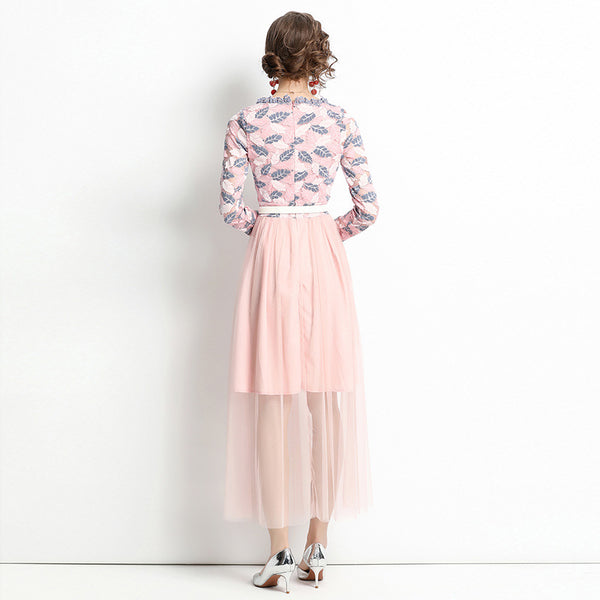 Lace patchwork long sleeve mesh maxi dresses