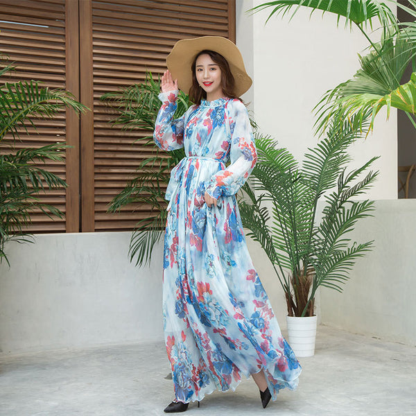 Summer floral print maxi chiffon dresses