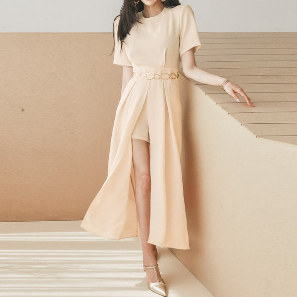 Apricot crew neck belted chiffon a-line dresses