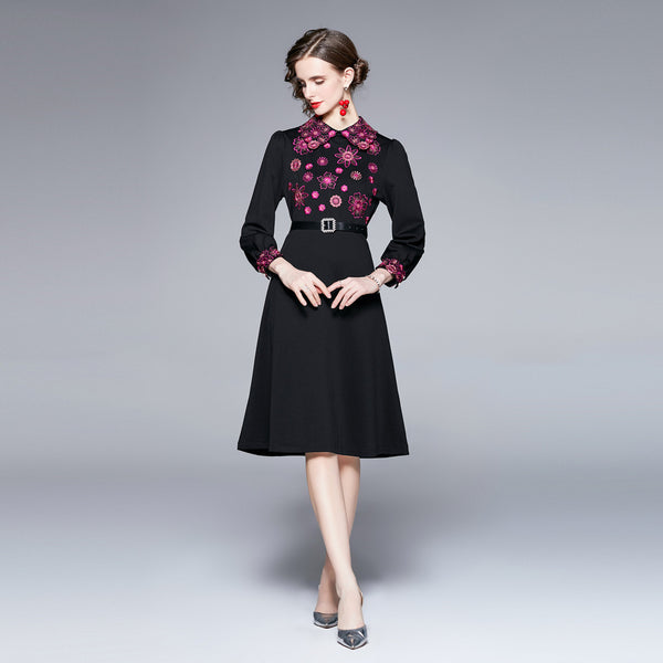 Embroidery lapel long sleeve skater dresses