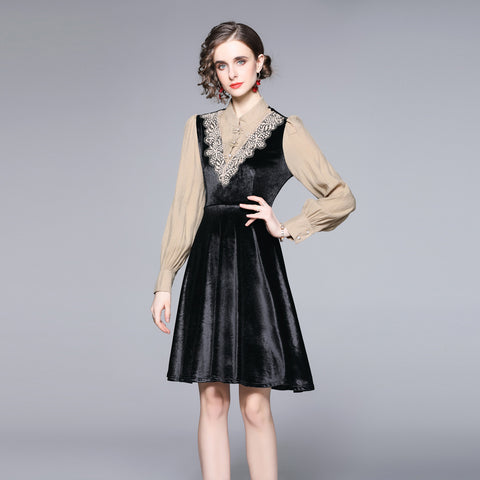 Retro patch mock neck long sleeve a-line dresses