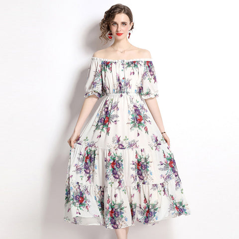 Summer chiffon print strapless elastic waist midi dresses