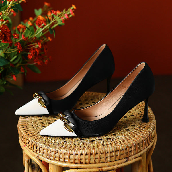 Elegant patch pointed toe thin heel pump shoes