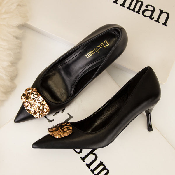 Fashion metal pointed toe thin heels pump shoes