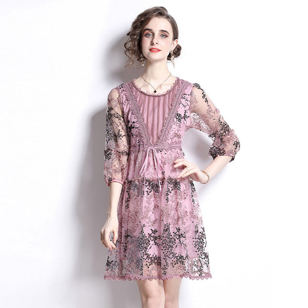 Lace embroidery crew neck a-line dresses