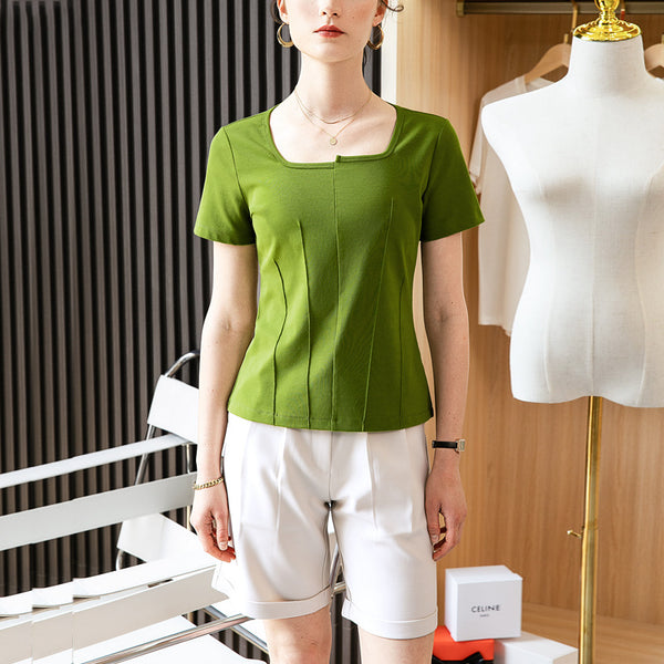 Stylish irregular square neck short sleeve t-shirts