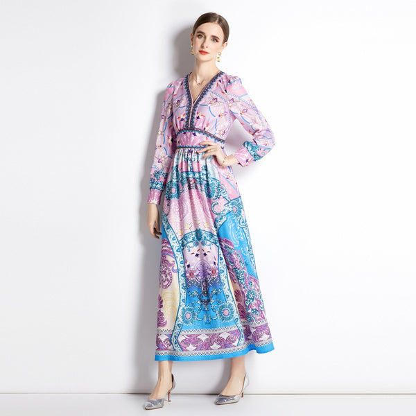 Boho print v-neck long sleeve maxi dresses