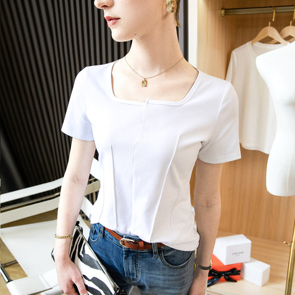 Stylish irregular square neck short sleeve t-shirts