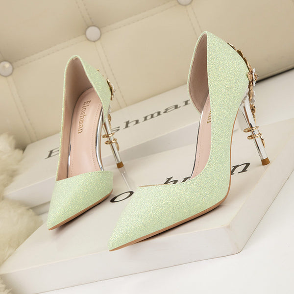 Chic flower thin heels pointed toe pump shoes