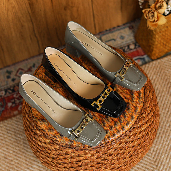 Square toe chain chunky heeled shoes
