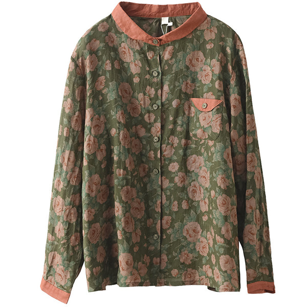 Vintage color contrast boxy linen-blend blouses for women