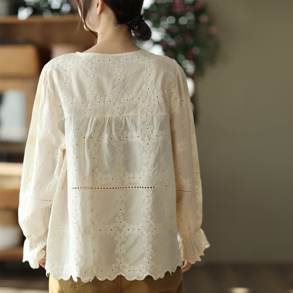 Vintage solid hollow out lantern sleeve blouses
