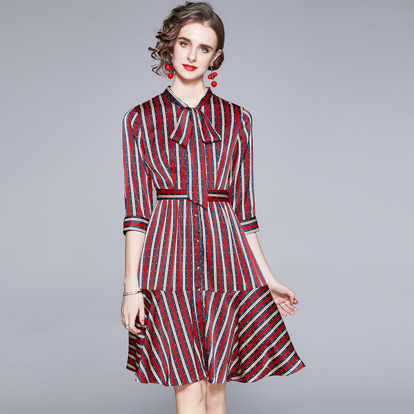 Single-breasted bowknot striped a-line dresses