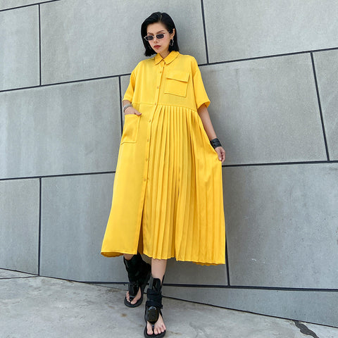 Chic solid lapel short sleeve pleated shirt dresses