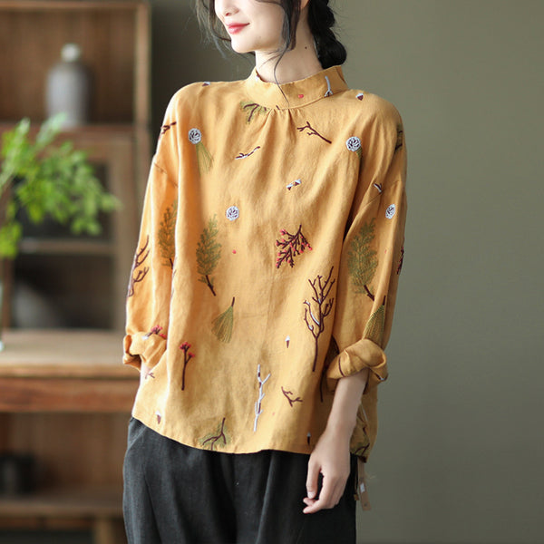 Relaxed mockneck embroidered blouses for women