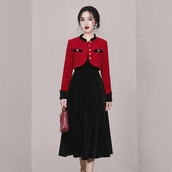 Elegant patch long sleeve short tweed coats and strap a-line dresses suits