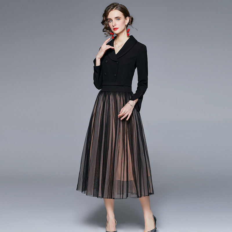 Elegant solid long sleeve blazers and mesh a-line skirts suits