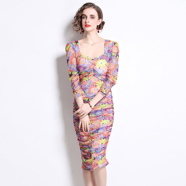 Floral print square neck long sleeve bodycon dresses
