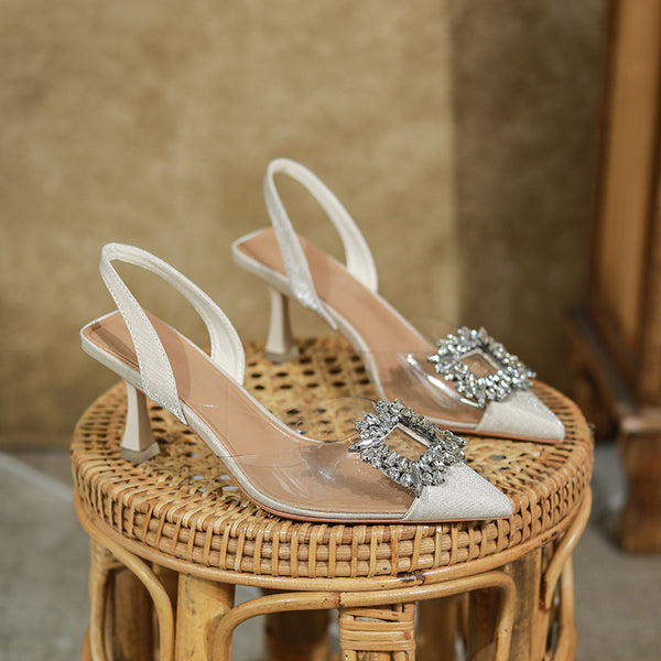 Rhinestones pointed toe transparent heeled sandals