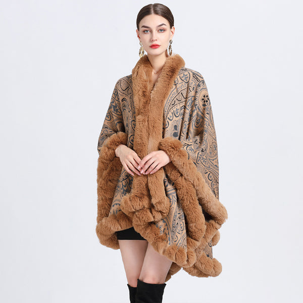 Vintage jacquard fur collar shawl cloak coats