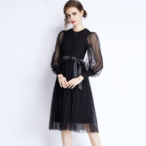 Black mesh patchwork sweater pleated dresses