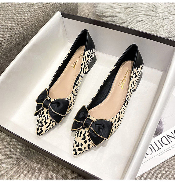 Leopard knowknot chunky heels pointed toe shoes