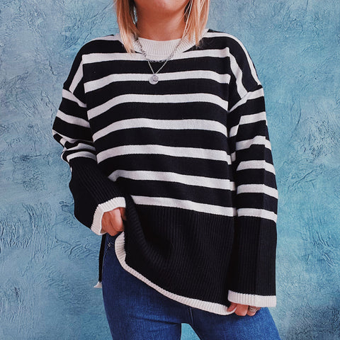 Casual stripe raglan long sleeve loose sweaters